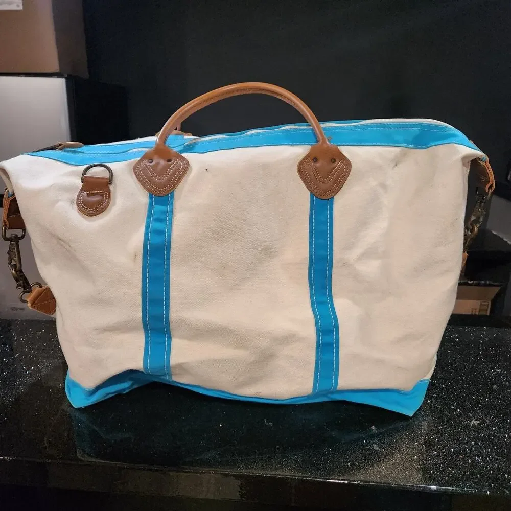 VTG LL Bean Boat & Tote Leather Handles Canvas Weekender Duffle Zip Strap Bag XL